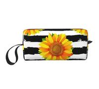 Borsa per il trucco, Borsa per la ricezione Borsa per cosmetici da viaggio Borsa da toilette Borsa per trucco portatile Organizer,Girasoli Su Sfondo Strisce Bianche E Nere