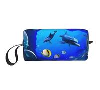 Borsa per il trucco, Borsa per la ricezione Borsa per cosmetici da viaggio Borsa da toilette Borsa per trucco portatile Organizer,Delfino di corallo del mondo marino dell'oceano blu