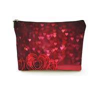 Borsa per il trucco Borse cosmetiche da viaggio in lino da donna per viaggi d'affari, bouquet di rose e sfondo di cuori, custodia per il trucco