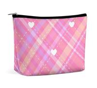 Borsa per il trucco, borse cosmetiche personalizzate per le donne, Cuore Bianco A Righe Rosa, 7.3cm L x 15cm W x 5.9cm H, Beauty case