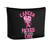 Borsa per il trucco "Cancer Picked The Wrong Girl" per la consapevolezza del cancro al seno, in PU, da viaggio, impermeabile, con cerniera, per articoli da toeletta da donna, 6,8x5,9 pollici