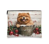 Borsa per il trucco carina e festosa, adorabile cane in un secchio, borsa da viaggio per cosmetici, da donna, piccola borsa portatile in tela con cerniera, borsa da toilette per le vacanze natalizie