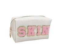 Borsa Per Il Trucco Chenille Letter PU Leather Makeup Bag Waterproof Toiletry Bag Zipper Portable Skin Makeup Pouch Cosmetic Bag For Travel Accessor(SKIN Beige)