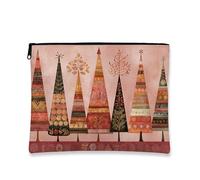 Borsa per il trucco con albero di Natale, borsa da viaggio vintage per cosmetici da donna, piccola borsa portatile in tela con cerniera, borsa da toilette festiva per l'inverno, Pesca, 7x9 Inch