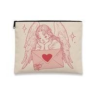 Borsa per il trucco con angelo, astuccio da viaggio vintage con cherubino illustrato, da donna, custodia portatile in tela con cerniera, regalo romantico per la cura della pelle, Beige, 7x9 Inch