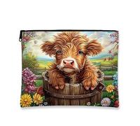 Borsa per il trucco con animali carini, borsa da viaggio per cosmetici vintage con mucca marrone per donne, piccola borsa portatile in tela con cerniera, borsa da toilette regalo di primavera per la