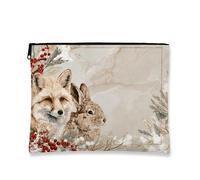 Borsa per il trucco con animali, volpe e coniglio, astuccio da viaggio vintage per donne, piccola borsa portatile in tela con cerniera, borsa da toilette per la cura della pelle delle vacanze, Beige