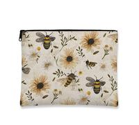 Borsa per il trucco con ape, borsa da viaggio vintage floreale per donne, piccola borsa portatile in tela con cerniera, borsa da toilette per la cura della pelle regalo di primavera, Beige, 7x9 Inch