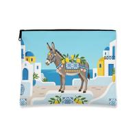 Borsa per il trucco con asino mediterraneo, borsa da viaggio artistica blu per donne, custodia portatile in tela con cerniera, organizer per articoli da toeletta estivi, Blu, 7x9 Inch, Asino