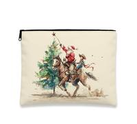 Borsa per il trucco con Babbo Natale che cavalca il cavallo, borsa da viaggio vintage per le vacanze, trousse da viaggio per donne, organizer portatile, Crema, 7x9 Inch, Babbo Natale