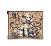 Borsa per il trucco con cane barboncino da calcio, borsa da viaggio vintage per donne e ragazze, piccola borsa portatile in tela con cerniera, borsa da toilette 4 luglio, 17,8 x 22,9 cm