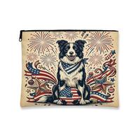 Borsa per il trucco con cane Border Collie, borsa da viaggio vintage per donne, regali per ragazze, 4 luglio, piccola borsa portatile in tela con cerniera, 17,8 x 22,9 cm