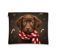 Borsa per il trucco con cane carino, borsa da viaggio per cosmetici, da donna, piccola borsa portatile in tela con cerniera, borsa da toilette natalizia per la cura della pelle, Marrone, 7x9 Inch
