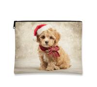 Borsa per il trucco con cane carino, borsa da viaggio per cosmetici di Natale con cucciolo marrone, piccola borsa portatile in tela con cerniera, borsa da toilette per la cura della pelle delle
