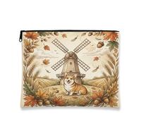 Borsa per il trucco con cane Corgi autunnale, borsa da viaggio vintage con mulino a vento per donne, regali per ragazze, organizer portatile con cerniera in tela piccola e autunnale, 17,8 x 22,9