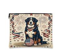 Borsa per il trucco con cane da montagna del Bernese, borsa da viaggio vintage per donne e ragazze, piccola borsa portatile in tela con cerniera, borsa da toilette 4 luglio, 18 x 22 cm