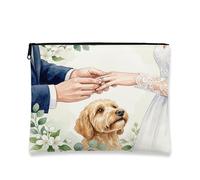 Borsa per il trucco con cane doodle dorato, borsa da viaggio romantica per matrimonio per donne e ragazze, piccola borsa portatile in tela con cerniera, borsa da toilette per animali domestici, 17,8 x