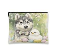 Borsa per il trucco con cane e pulcino, astuccio cosmetico primaverile ad acquerello per donne, organizer portatile con cerniera, borsa da toilette da viaggio pasquale 17,8 x 22,9 cm