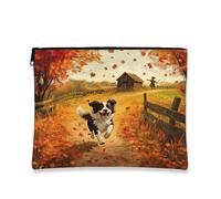 Borsa per il trucco con cane Fall Border Collie, scena autunnale con foglie di campagna, borsa da viaggio per donne, regali per ragazze, organizer portatile con cerniera in tela piccola per animali