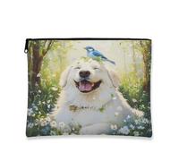 Borsa per il trucco con cane felice, borsa da viaggio per cosmetici da donna, organizer portatile in tela con cerniera, borsa da toilette floreale primaverile 17,8 x 22,9 cm