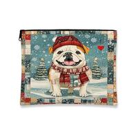 Borsa per il trucco con cane festivo, borsa da viaggio vintage patchwork per donne, organizer portatile in tela con cerniera, borsa da toilette invernale per le vacanze, 17,8 x 22,9 cm