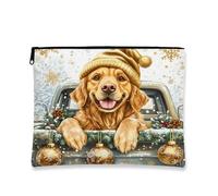 Borsa per il trucco con cane festivo, gioioso Golden Retriever, astuccio da viaggio per donne, portatile, in tela, con cerniera, 17,8 x 22,9 cm