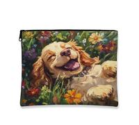 Borsa per il trucco con cane floreale, borsa da viaggio artistica con cucciolo felice per donne, organizer portatile in tela con cerniera, borsa da toilette primaverile per la cura della pelle