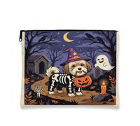 Borsa per il trucco con cane Havanese di Halloween, 17,8 x 22,8 cm, borsa da viaggio, borsa per cosmetici horror cucciolo cimitero per donne, regalo spettrale, spaventoso, portatile, in tela con