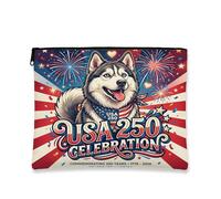 Borsa per il trucco con cane husky 250 anni, 4 luglio, borsa da viaggio patriottica da donna, piccola borsa portatile in tela con cerniera, borsa da toilette americana, 17,8 x 22,9 cm