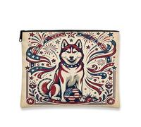 Borsa per il trucco con cane Husky, borsa da viaggio vintage per donne e ragazze, piccola borsa portatile in tela con cerniera, borsa da toilette per 4 luglio, 18 x 22 cm