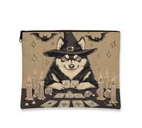 Borsa per il trucco con cane husky di Halloween, 17,8 x 22,8 cm, per viaggi, divertente e spaventosa strega pipistrello, trousse per cosmetici da donna, regalo per tarocchi streghe, organizer