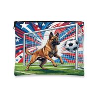 Borsa per il trucco con cane Malinois belga da calcio, borsa da viaggio divertente per sport, borsa da viaggio per donne, piccola borsa portatile in tela con cerniera, borsa da toeletta per animali
