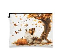 Borsa per il trucco con cane pastore delle Shetland autunnali, 17,8 x 22,8 cm, borsa da viaggio, astuccio per cosmetici autunnale con albero di zucca per donne, divertente astuccio portatile in tela