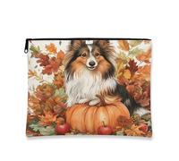 Borsa per il trucco con cane pastore delle Shetland autunnali, borsa da viaggio per donne, regali per ragazze, organizer portatile con cerniera in tela piccola 17,8 x 22,9 cm