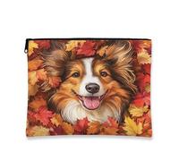 Borsa per il trucco con cane pastore delle Shetland autunnali, divertente astuccio da viaggio con foglie d'acero autunnali per donne, regali per ragazze, organizer portatile con cerniera in tela