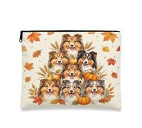 Borsa per il trucco con cane pastore delle Shetland autunnali, graziosa borsa da viaggio per donne, piccola borsa portatile in tela con cerniera, borsa da toilette autunnale, 17,8 x 23,9 cm