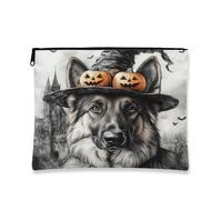 Borsa per il trucco con cane pastore tedesco di Halloween, 17,8 x 22,8 cm, borsa da viaggio, divertente astuccio vintage con stampa strega, regalo per donne, case infestate, organizer portatile in