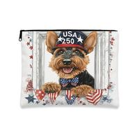 Borsa per il trucco con cane patriottico, vintage, con stelle americane, borsa da viaggio per donne, organizer portatile in tela con cerniera, borsa da toilette estiva per le vacanze 17,8 x 22,9