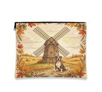 Borsa per il trucco con cane Pitbull, borsa da viaggio vintage con mulino a vento per donne, regali per ragazze, organizer portatile con cerniera in tela piccola e autunnale, 17,8 x 22,9 cm