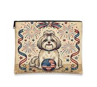 Borsa per il trucco con cane Shih Tzu, borsa da viaggio vintage per donne e ragazze, piccola borsa portatile in tela con cerniera, borsa da toilette 4 luglio, 17,8 x 22,9 cm