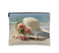 Borsa per il trucco con cappello di paglia, borsa per cosmetici vintage floreale da donna, piccola custodia da viaggio con cerniera, organizer per articoli da toeletta per vacanze in spiaggia, regalo