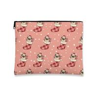 Borsa per il trucco con carlino, graziosa calza di Natale, borsa da viaggio per donne, piccola borsa portatile in tela con cerniera, borsa da toilette per la cura della pelle delle vacanze, Pesca, 7x9