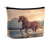 Borsa per il trucco con cavallo che corre nell'acqua, tramonto e riflesso sulle montagne, organizer da viaggio per articoli da toilette, pochette cosmetica per donne, regali di compleanno per mamme, r
