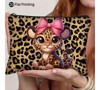 Borsa per il trucco con cerniera a forma di piccolo leopardo con stampa leopardata e fiocco carino, custodia portatile per cosmetici, portamonete da donna, borsa da toilette da viaggio Animale,Fumetto