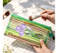 Borsa per il trucco con cerniera a righe colorate, astuccio portatile per cancelleria, borsa multifunzionale con motivo a effetto cristallo tulipano (stampa piatta), organizer trasparente e traspirant