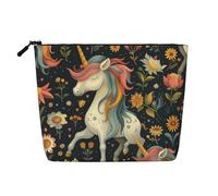 Borsa per il trucco con cerniera, da viaggio, con unicorni e fiori colorati, per donne