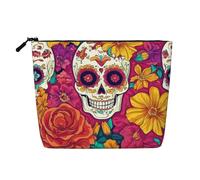 Borsa per il trucco con cerniera, da viaggio, per donne, con fiori e motivo a teschio di zucchero per il Giorno dei Morti