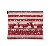 Borsa per il trucco con cervo, a righe rosse, vintage, per cosmetici, da viaggio, per donne, piccola borsa portatile in tela con cerniera, borsa da toilette natalizia per la cura della pelle, Rosso