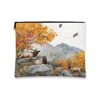 Borsa per il trucco con cervo autunnale ad acquerello, 17,8 x 22,9 cm, per viaggio, borsa per cosmetici da donna, organizer portatile con cerniera in tela con paesaggio di animali