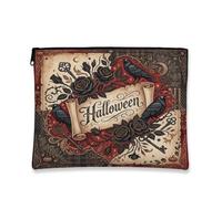 Borsa per il trucco con citazione di Halloween con corvo gotico e, Rosso | Motivi gotici con rose, astuccio con cerniera per trucco, design vintage a scorrimento, chiavi scheletrate antiche